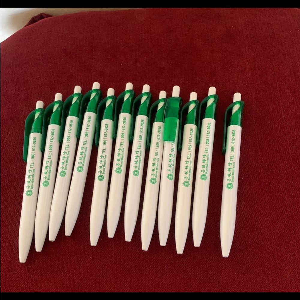 Brand new. Never used. 
12 Black Ballpoint Pens 
From Bodhi Meditation.